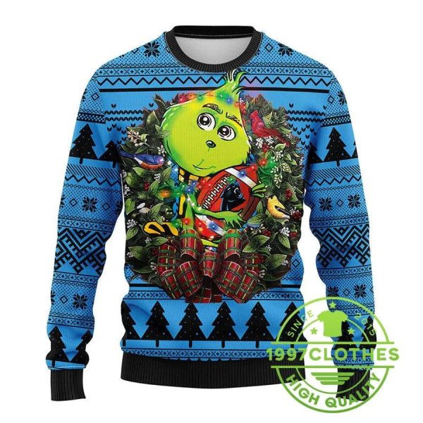 Carolina Panthers Grinch Hug Ugly Christmas Sweater, Carolina Panthers Ugly Sweater, NFL Ugly Sweater