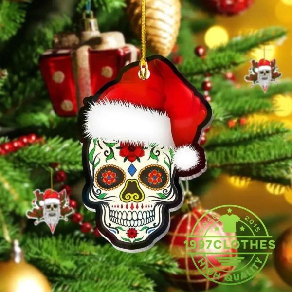 Cheerful Santa Sugar Skull Christmas Ornament, Skull Christmas Decorations