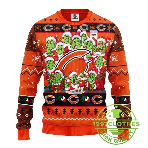 Chicago Bears 12 Grinch Xmas Day Ugly Christmas Sweater, Chicago Bears Ugly Sweater, NFL Ugly Sweater