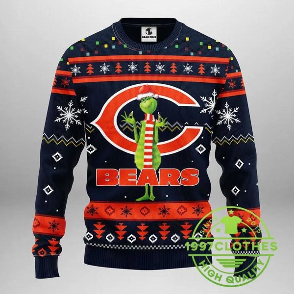 Chicago Bears Funny Grinch Ugly Christmas Sweater, Chicago Bears Ugly Sweater, NFL Ugly Sweater