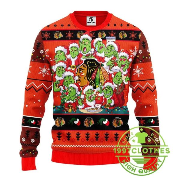 Chicago Blackhawks 12 Grinch Xmas Day Ugly Christmas Sweater, Chicago Blackhawks Ugly Sweater, NHL Ugly Sweater