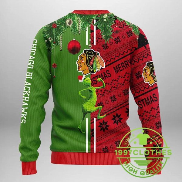 Chicago Blackhawks Funny Grinch Ugly Christmas Sweater, Chicago Blackhawks Ugly Sweater, NHL Ugly Sweater