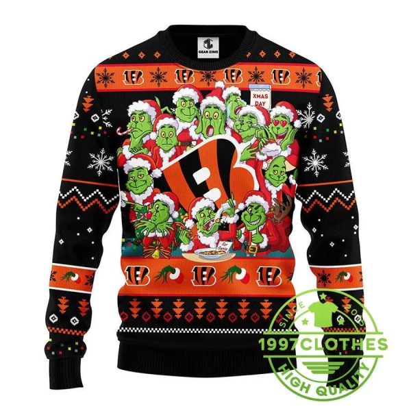 Cincinnati Bengals 12 Grinch Xmas Day Ugly Christmas Sweater, Cincinnati Bengals Ugly Sweater, NFL Ugly Sweater