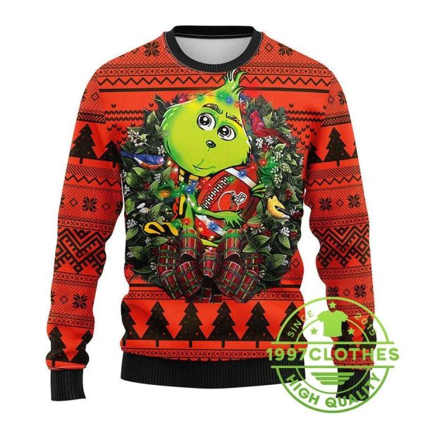 Cleveland Browns Grinch Hug Ugly Christmas Sweater, Cleveland Browns Ugly Sweater, NFL Ugly Sweater