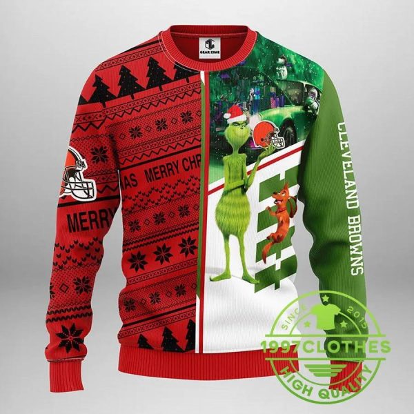 Cleveland Browns Grinch & Scooby-Doo Ugly Christmas Sweater, Cleveland Browns Ugly Sweater, NFL Ugly Sweater