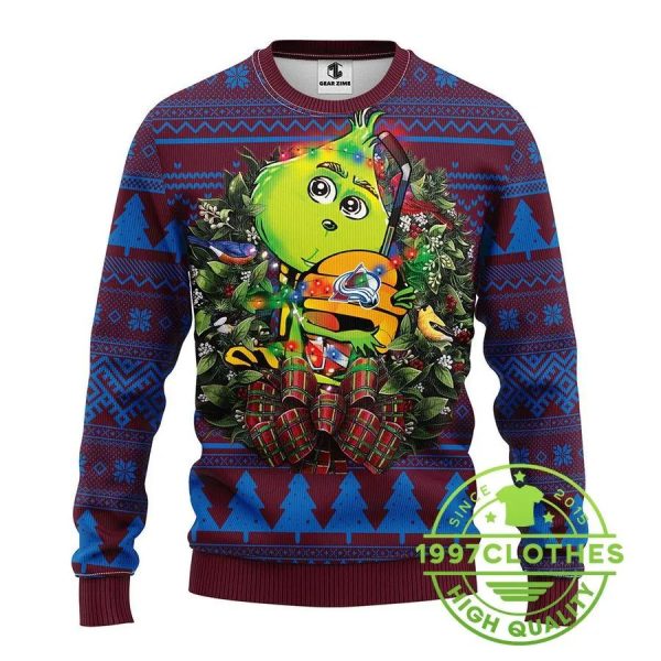 Colorado Avalanche Grinch Hug Ugly Christmas Sweater, Colorado Avalanche Ugly Sweater, NHL Ugly Sweater