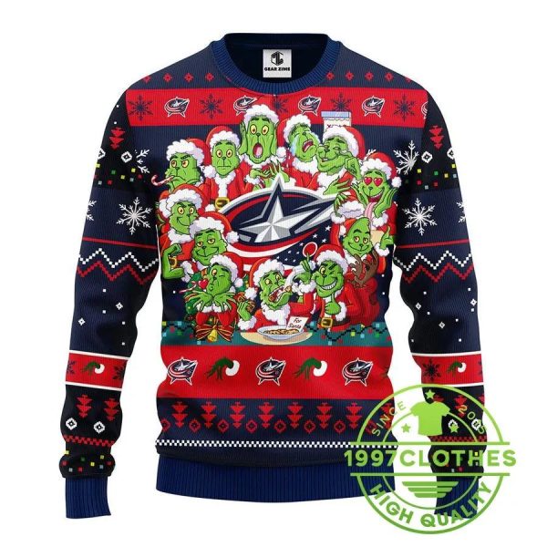 Columbus Blue Jackets 12 Grinch Xmas Day Ugly Christmas Sweater, Columbus Blue Jackets Ugly Sweater, NHL Ugly Sweater