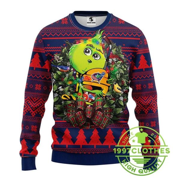 Columbus Blue Jackets Grinch Hug Ugly Christmas Sweater, Columbus Blue Jackets Ugly Sweater, NHL Ugly Sweater