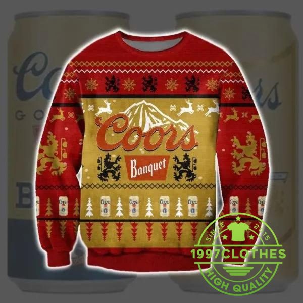 Coors Banquet Beer Yellow & Red Ugly Christmas Sweater, Beer Ugly Sweater