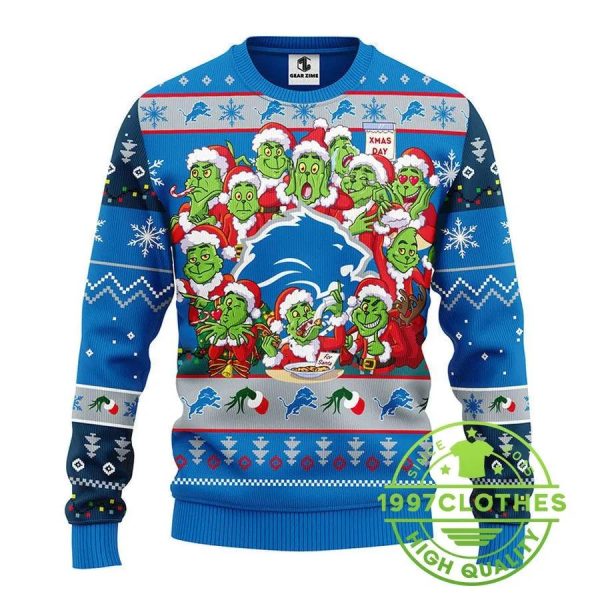 Detroit Lions 12 Grinch Xmas Day Ugly Christmas Sweater, Detroit Lions Ugly Sweater, NFL Ugly Sweater