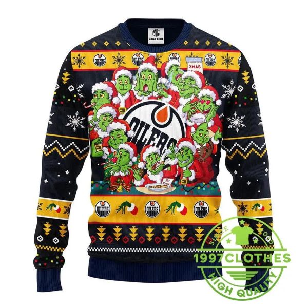 Edmonton Oilers 12 Grinch Xmas Day Ugly Christmas Sweater, Edmonton Oilers Ugly Sweater, NHL Ugly Sweater