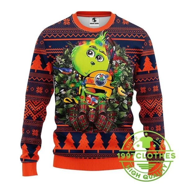 Edmonton Oilers Grinch Hug Ugly Christmas Sweater, Edmonton Oilers Ugly Sweater, NHL Ugly Sweater