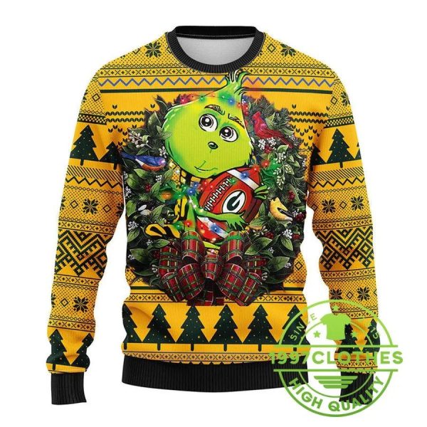 Green Bay Packers Grinch Hug Ugly Christmas Sweater, Green Bay Packers Ugly Sweater, NFL Ugly Sweater