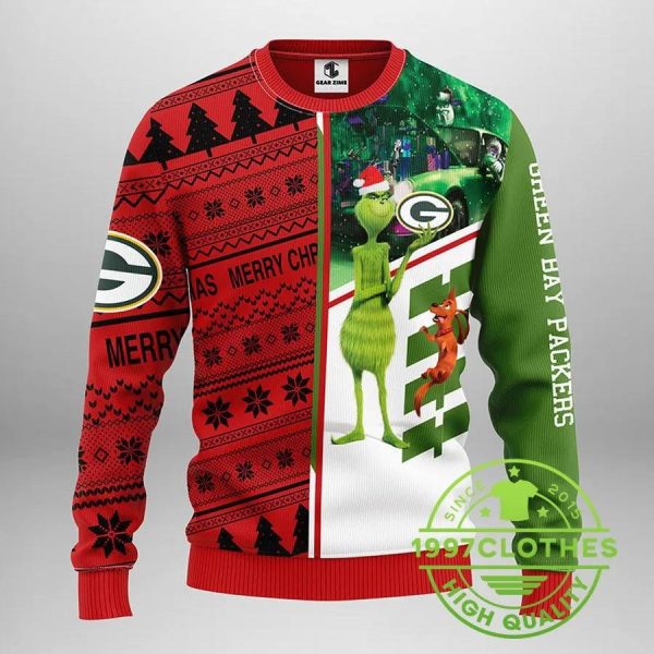 Green Bay Packers Grinch & Scooby-Doo Ugly Christmas Sweater, Green Bay Packers Ugly Sweater, NFL Ugly Sweater