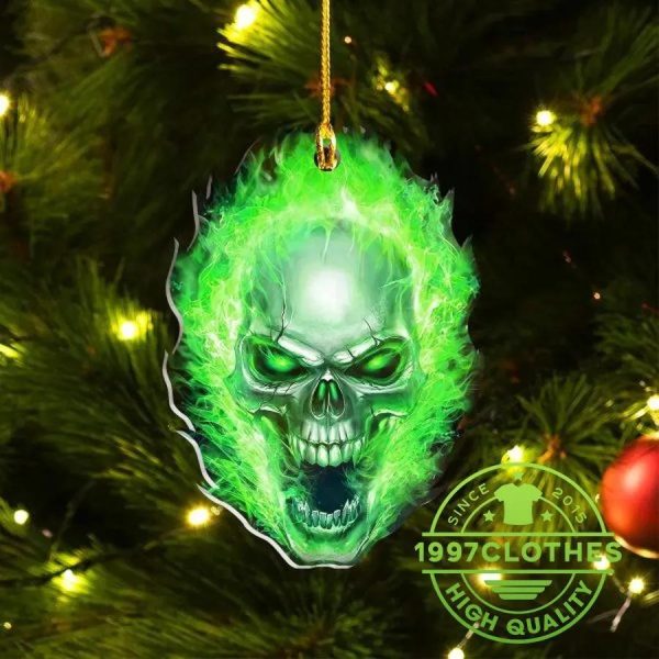 Green Flame Skull Christmas Ornament, Skull Christmas Decorations