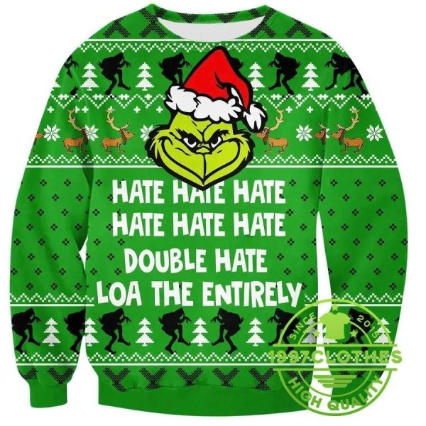 Grinch Hate Hate Hate Print Ugly Christmas Sweater, Christmas Grinch Sweater, Grinch Holiday Sweater