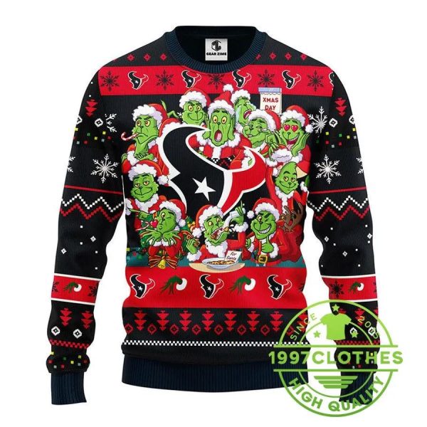 Houston Texans 12 Grinch Xmas Day Ugly Christmas Sweater, Houston Texans Ugly Sweater, NFL Ugly Sweater