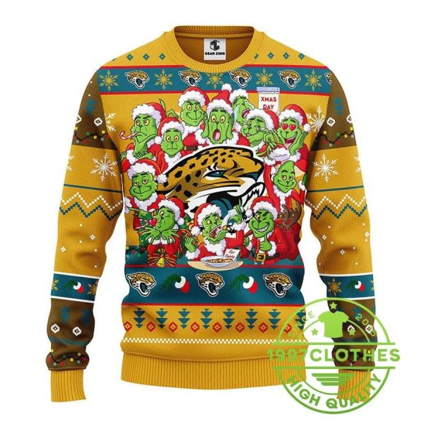 Jacksonville Jaguars 12 Grinch Xmas Day Ugly Christmas Sweater, Jacksonville Jaguars Ugly Sweater, NFL Ugly Sweater