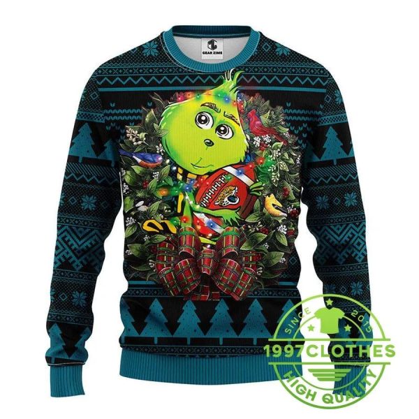 Jacksonville Jaguars Grinch Hug Ugly Christmas Sweater, Jacksonville Jaguars Ugly Sweater, NFL Ugly Sweater