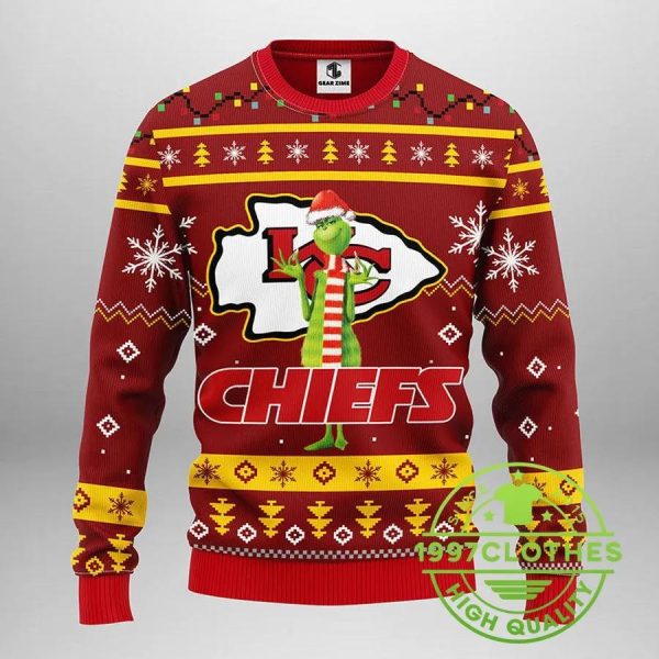 Kansas City Chiefs Funny Grinch Ugly Christmas Sweater, Kansas City Chiefs Ugly Sweater, NFL Ugly Sweater