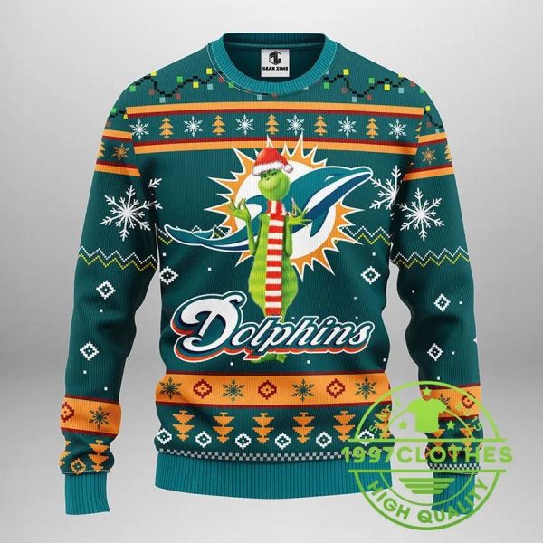 Miami Dolphins Funny Grinch Ugly Christmas Sweater, Miami Dolphins Ugly Sweater, NFL Ugly Sweater