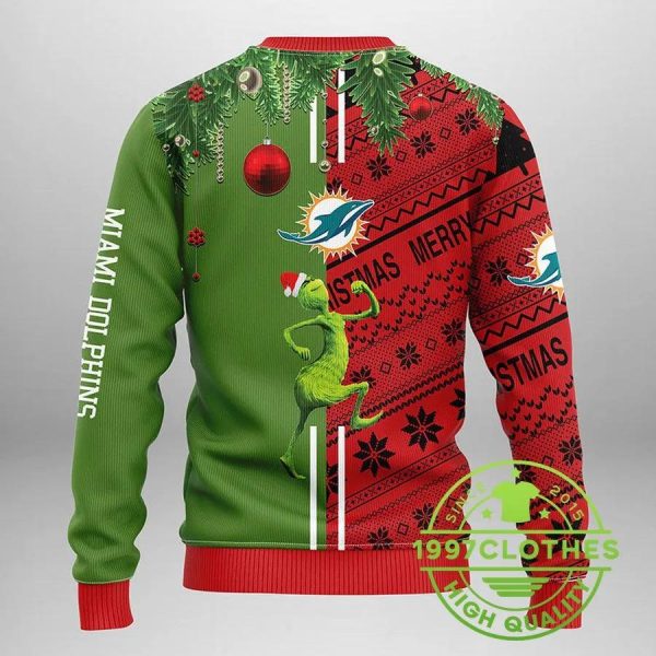 Miami Dolphins Grinch & Scooby-Doo Ugly Christmas Sweater, Miami Dolphins Ugly Sweater, NFL Ugly Sweater