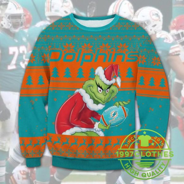 Miami Dolphins Grinch Stolen Christmas Ugly Sweater, Miami Dolphins Ugly Sweater, NFL Ugly Sweater