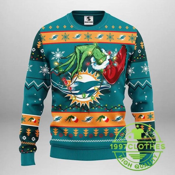 Miami Dolphins Grinch Ugly Christmas Sweater, Miami Dolphins Ugly Sweater, NFL Ugly Sweater