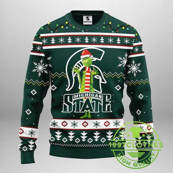 Michigan State Spartans Funny Grinch Ugly Christmas Sweater, Michigan State Spartans Ugly Sweater, NCAA Ugly Sweater