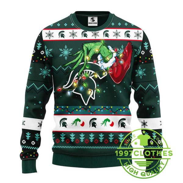 Michigan State Spartans Grinch Ugly Christmas Sweater, Michigan State Spartans Ugly Sweater, NCAA Ugly Sweater