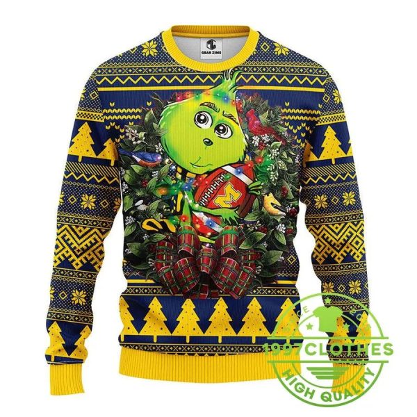 Michigan Wolverines Grinch Hug Ugly Christmas Sweater, Michigan Wolverines Ugly Sweater, NFL Ugly Sweater