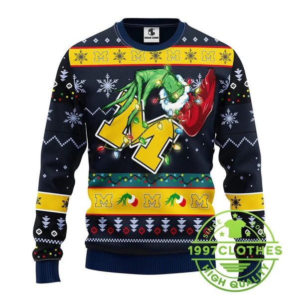 Michigan Wolverines Grinch Ugly Christmas Sweater, Michigan Wolverines Ugly Sweater, NFL Ugly Sweater