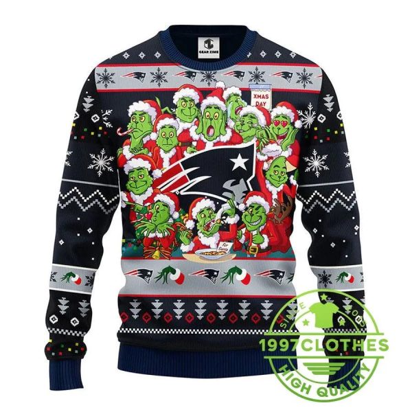 New England Patriots 12 Grinch Xmas Day Ugly Christmas Sweater, New England Patriots Ugly Sweater, NFL Ugly Sweater