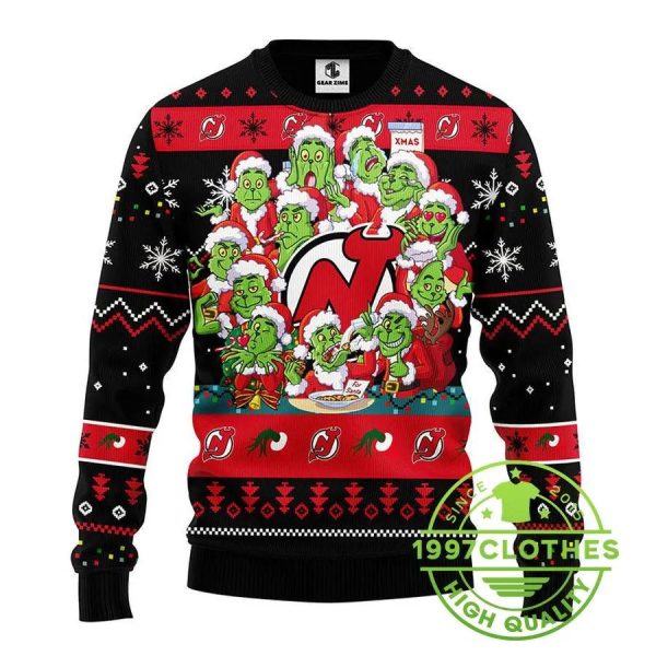 New Jersey Devils 12 Grinch Xmas Day Ugly Christmas Sweater, New Jersey Devils Ugly Sweater, NHL Ugly Sweater