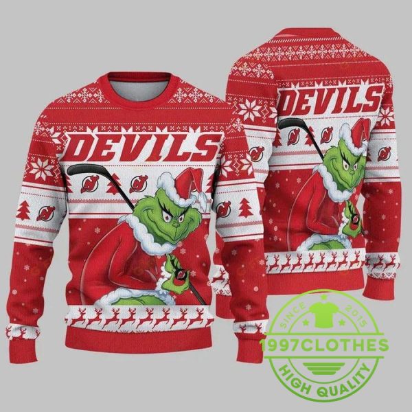 New Jersey Devils Grinch Stolen Christmas Ugly Sweater, New Jersey Devils Ugly Sweater, NHL Ugly Sweater