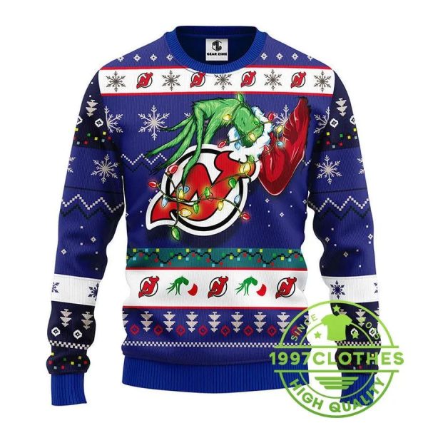 New Jersey Devils Grinch Ugly Christmas Sweater, New Jersey Devils Ugly Sweater, NHL Ugly Sweater