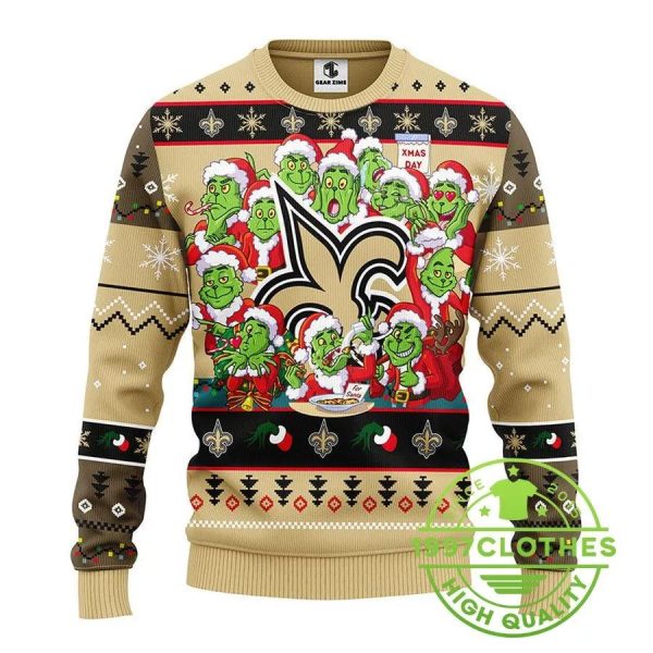 New Orleans Saints 12 Grinch Xmas Day Ugly Christmas Sweater, New Orleans Saints Ugly Sweater, NFL Ugly Sweater