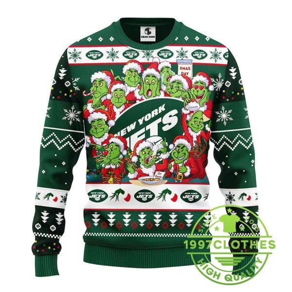 New York Jets 12 Grinch Xmas Day Ugly Christmas Sweater, New York Jets Ugly Sweater, NFL Ugly Sweater