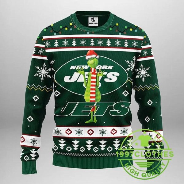 New York Jets Funny Grinch Ugly Christmas Sweater, New York Jets Ugly Sweater, NFL Ugly Sweater