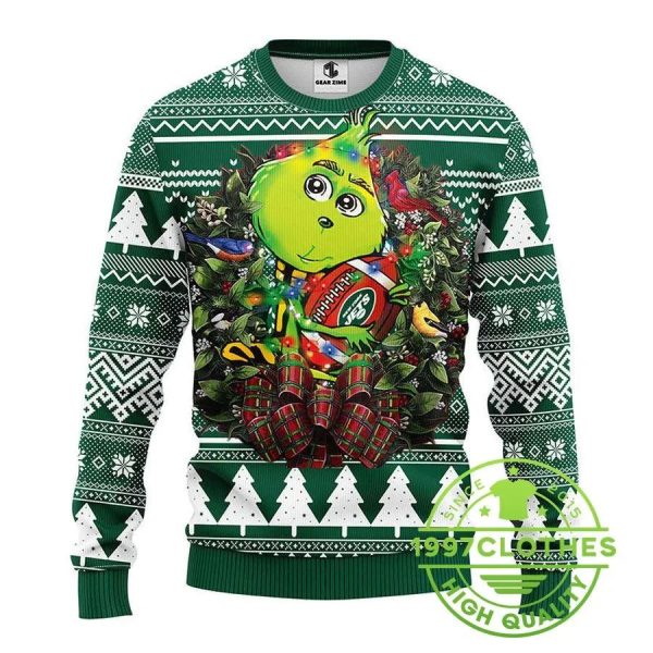 New York Jets Grinch Hug Ugly Christmas Sweater, New York Jets Ugly Sweater, NFL Ugly Sweater