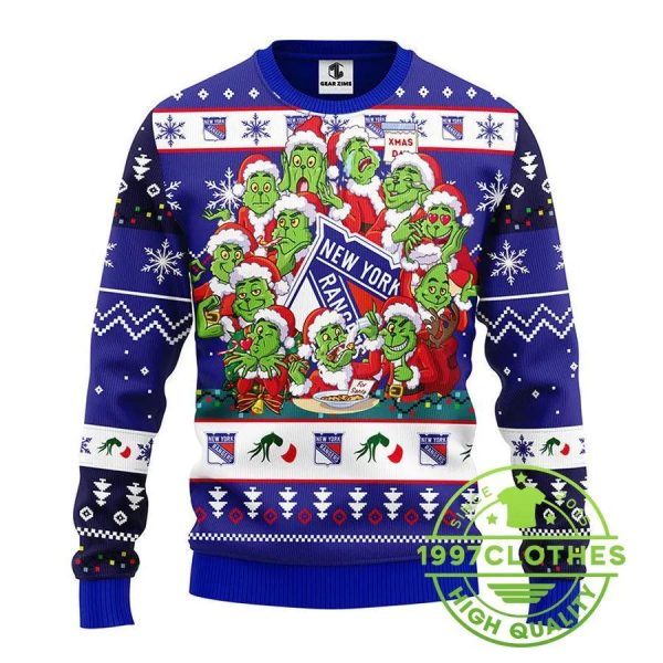 New York Rangers 12 Grinch Xmas Day Ugly Christmas Sweater, New York Rangers Ugly Sweater, NHL Ugly Sweater