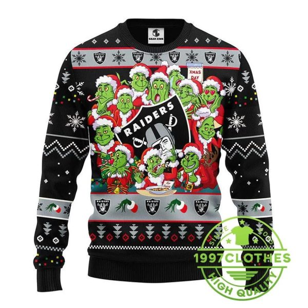 Oakland Raiders 12 Grinch Xmas Day Ugly Christmas Sweater, Oakland Raiders Ugly Sweater, NFL Ugly Sweater