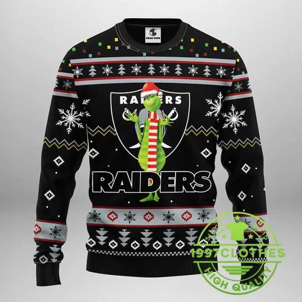 Oakland Raiders Funny Grinch Ugly Christmas Sweater, Oakland Raiders Ugly Sweater, NFL Ugly Sweater