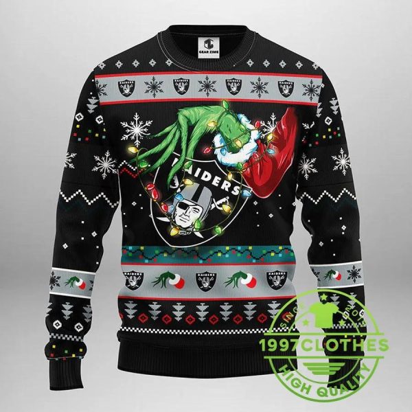 Oakland Raiders Grinch Ugly Christmas Sweater, Oakland Raiders Ugly Sweater, NFL Ugly Sweater