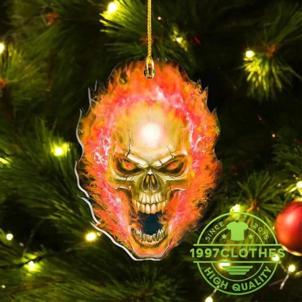 Orange Flame Skull Christmas Ornament, Skull Christmas Decorations