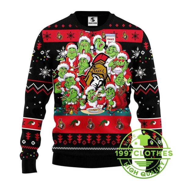 Ottawa Senators 12 Grinch Xmas Day Ugly Christmas Sweater, Ottawa Senators Ugly Sweater, NHL Ugly Sweater