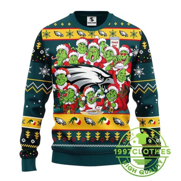 Philadelphia Eagles 12 Grinch Xmas Day Ugly Christmas Sweater, Philadelphia Eagles Ugly Sweater, NFL Ugly Sweater