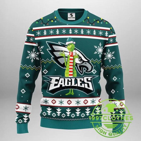 Philadelphia Eagles Funny Grinch Ugly Christmas Sweater, Philadelphia Eagles Ugly Sweater, NFL Ugly Sweater