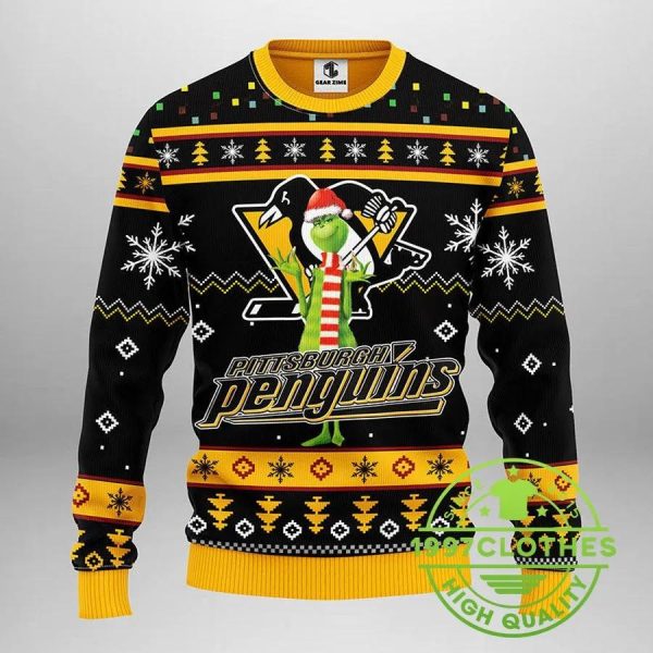 Pittsburgh Penguins Funny Grinch Ugly Christmas Sweater, Pittsburgh Penguins Ugly Sweater, NHL Ugly Sweater