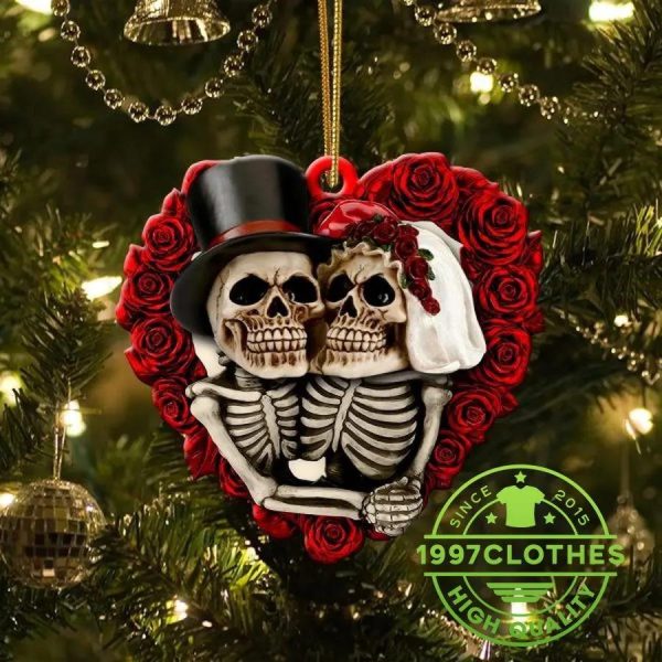 Red Rose Bride And Groom Skull Ornament, Skull Christmas Decorations